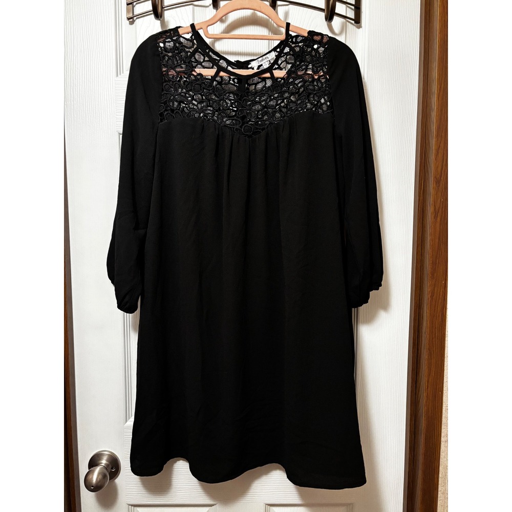 Jodifl‎ Black Crochet Lace Yoke Shift Dress 3/4 Sleeve Keyhole Back B3020 Small